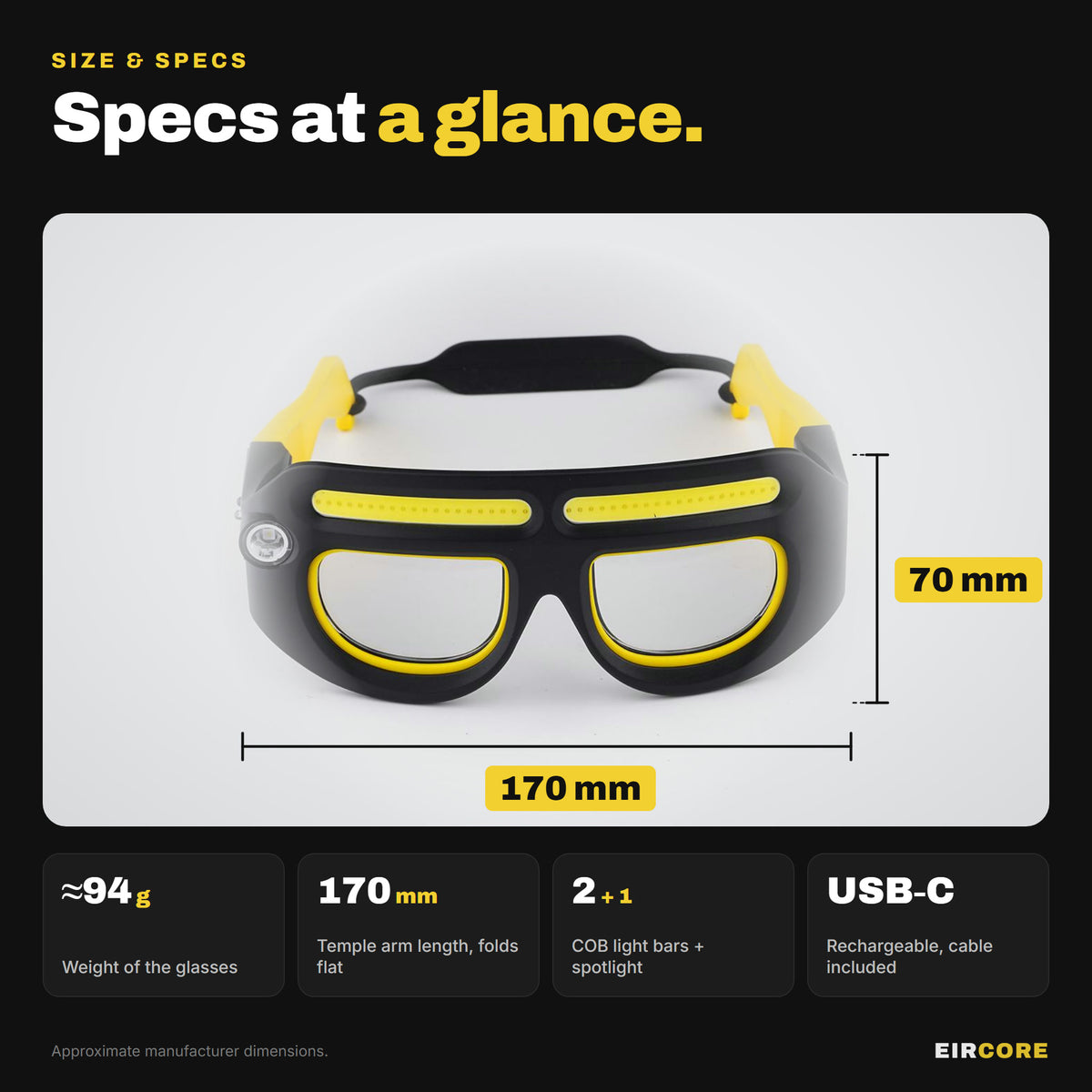 Size and specs: about 170 x 70 mm, about 94 g, USB-C rechargeable