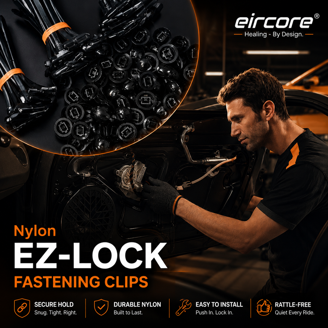 EirCore EZ-Lock rust-proof nylon no-screw fastening clips for car panels and trim