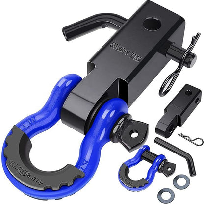 TrailAnchor shackle hitch receiver with a blue D-ring shackle, full kit laid out