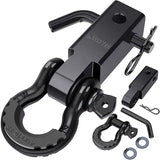 TrailAnchor shackle hitch receiver in black, shown with the D-ring shackle, hitch pin and R-clip, extension hook, allen key and washers