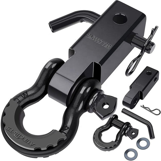 TrailAnchor shackle hitch receiver in black, shown with the D-ring shackle, hitch pin and R-clip, extension hook, allen key and washers