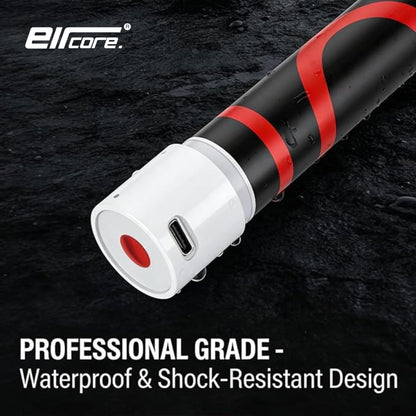 Close-up of the light's USB-C end cap covered in water droplets, captioned waterproof and shock-resistant design