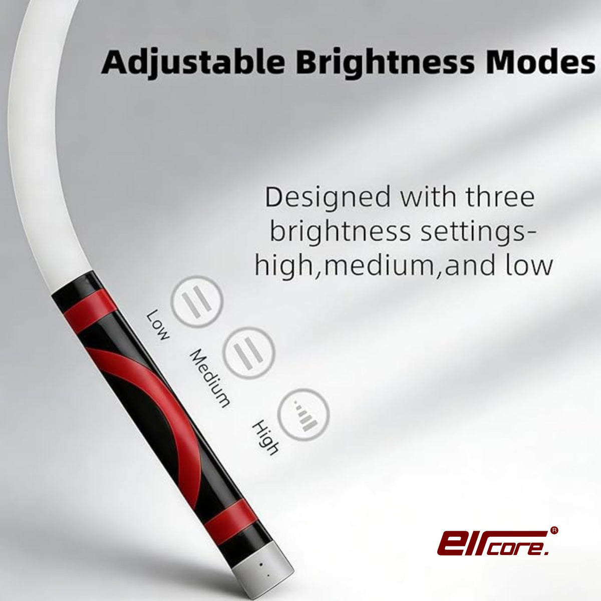 Curved white LED strip light with red-and-black grip, labelled with low, medium and high brightness settings