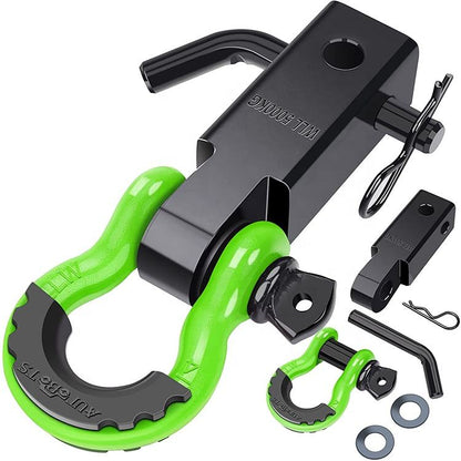 TrailAnchor shackle hitch receiver with a green D-ring shackle, full kit laid out