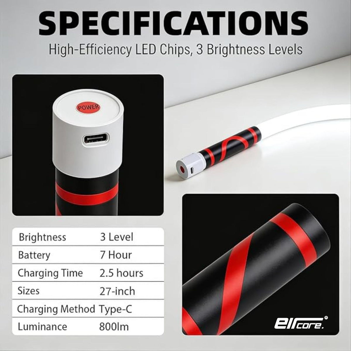 Close-ups of the power button and USB-C port beside a specs table: 3 levels, 7-hour battery, Type-C, 800lm