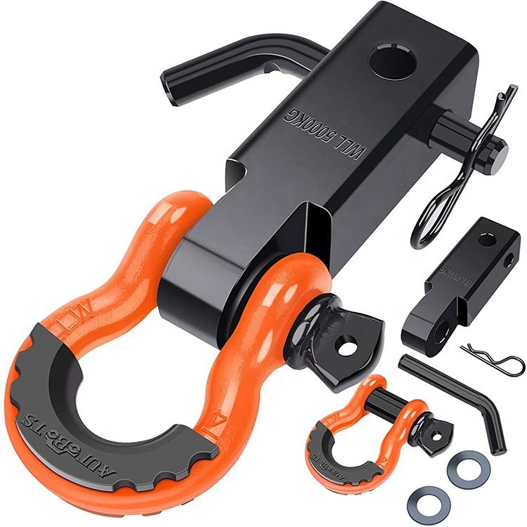 TrailAnchor shackle hitch receiver with an orange D-ring shackle, full kit laid out