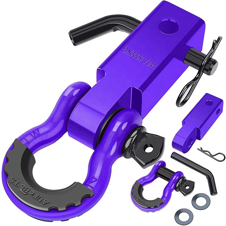 TrailAnchor shackle hitch receiver in purple, shown with the D-ring shackle, hitch pin and R-clip, extension hook, allen key and washers