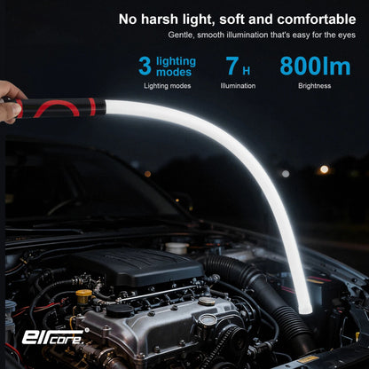 Hand holding the glowing flexible light curved over a car engine bay at night; text notes 3 modes, 7h, 800lm