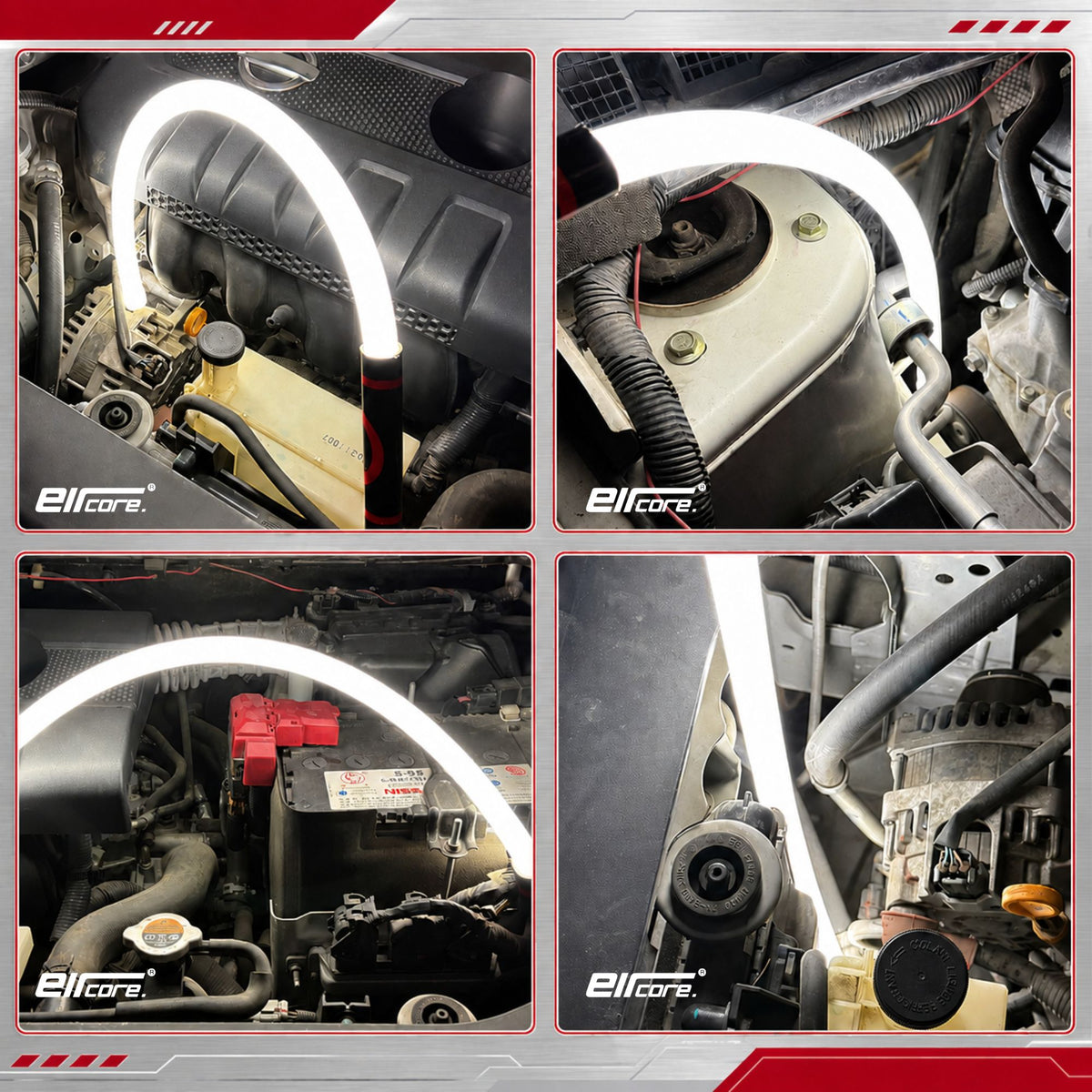 Four photos of the lit flexible strip hooked around engine parts, a car battery, a strut tower and a radiator cap