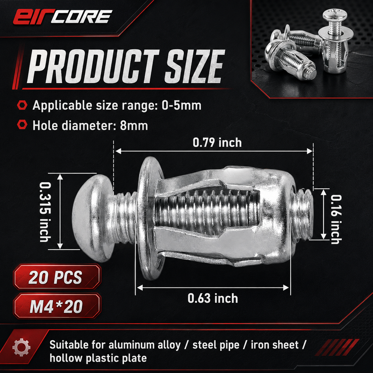 GripNut anchor dimensions: 8 mm hole, fits panels 0 to 5 mm thick, supplied with M4 x 20 screws, 20 pieces