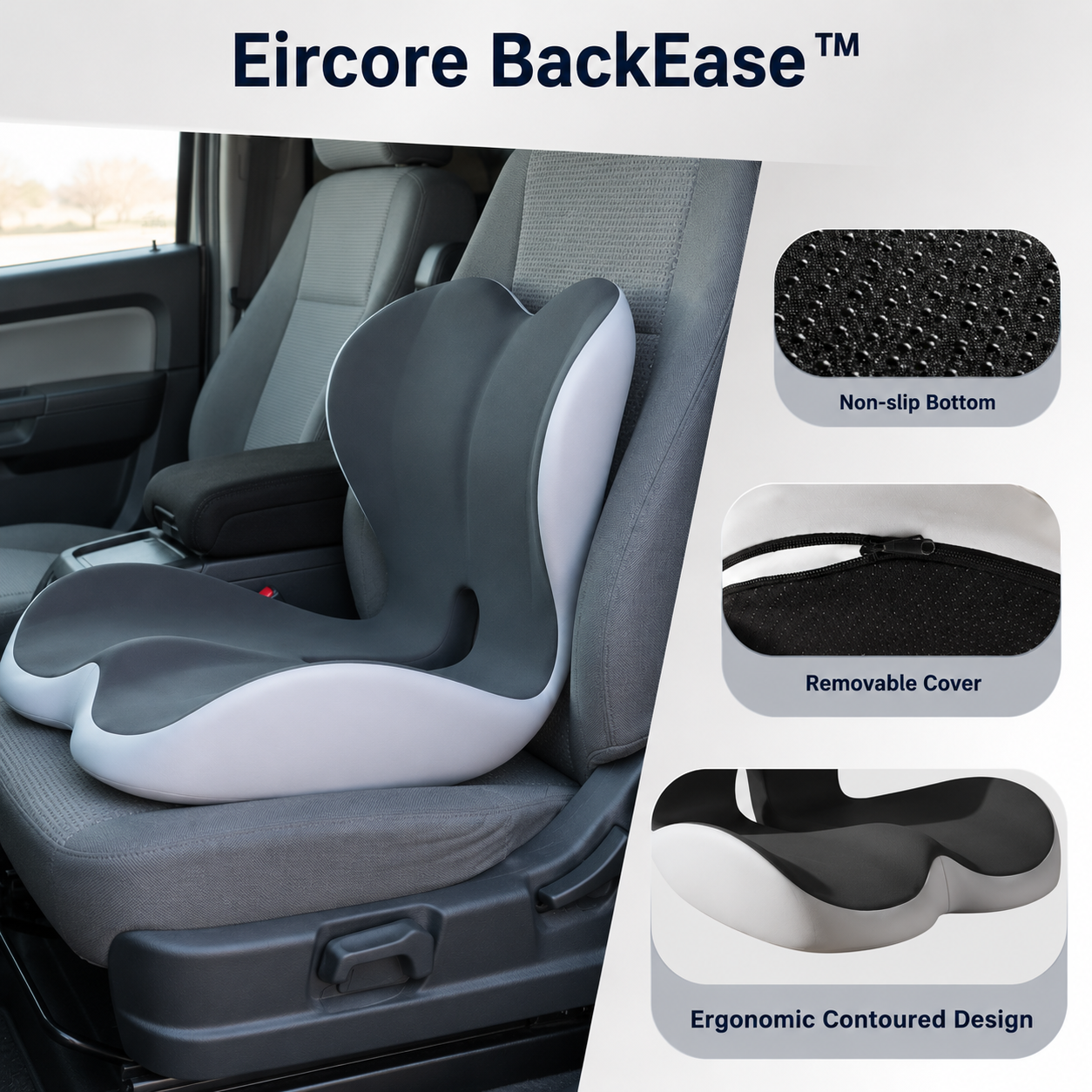 Eircore BackEase™ — Ergonomic Chair Cushion + Lumbar Backrest for Office, Car, Truck