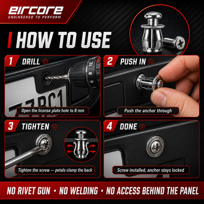 Four steps to fit a GripNut anchor: drill the hole to 8 mm, push the anchor through, tighten the screw, done