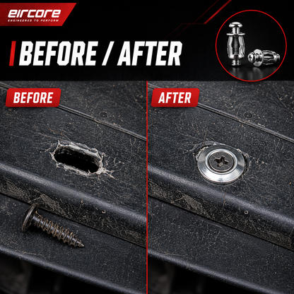 A torn-out screw hole in a bumper cover beside the same hole repaired with a GripNut anchor