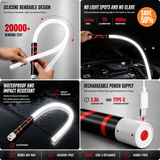 Four-panel infographic: bendable silicone light, no-glare 800lm 3 modes, waterproof and impact resistant, USB-C charging