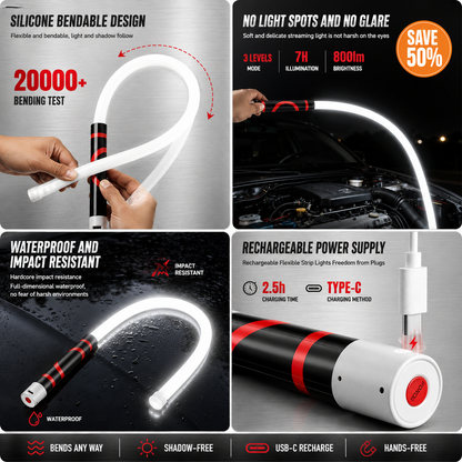 Four-panel infographic: bendable silicone light, no-glare 800lm 3 modes, waterproof and impact resistant, USB-C charging