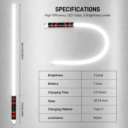 Specification chart: 56cm lit tube, 17cm handle, plus a table listing 3 brightness levels, 7-hour battery, Type-C, 800lm