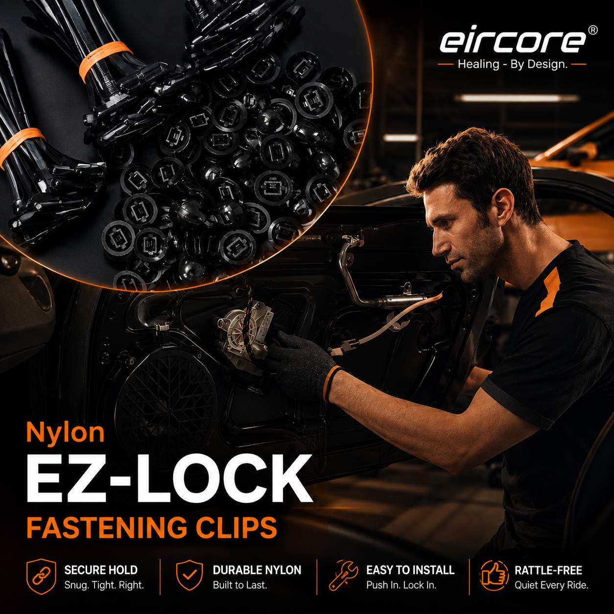 EirCore nylon fastening clips — mechanic installing snap-lock car panel clips