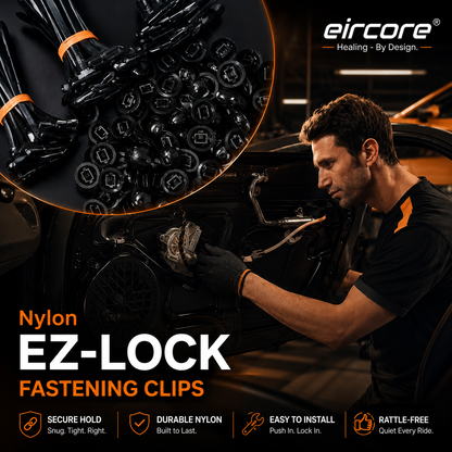 EirCore nylon fastening clips — mechanic installing snap-lock car panel clips