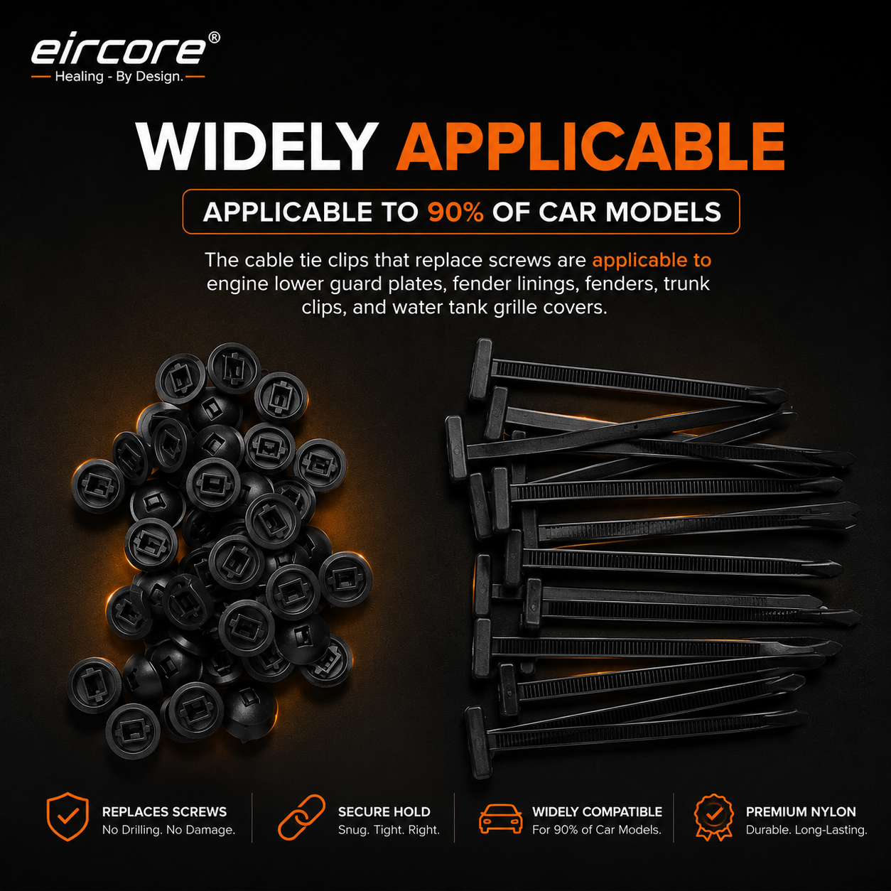 EirCore fastening clips replace screws — fit 90% of car models including fenders and engine guards