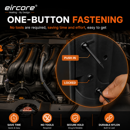 EirCore fastening clip pushed in and locked on an engine bay panel, no tools needed