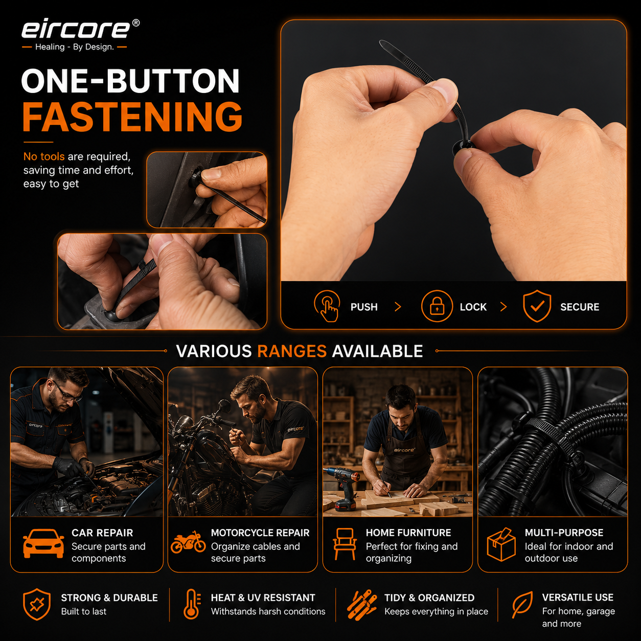 EirCore one-button fastening clips — push-to-lock for car, motorcycle and home use