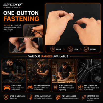 EirCore one-button fastening clips — push-to-lock for car, motorcycle and home use