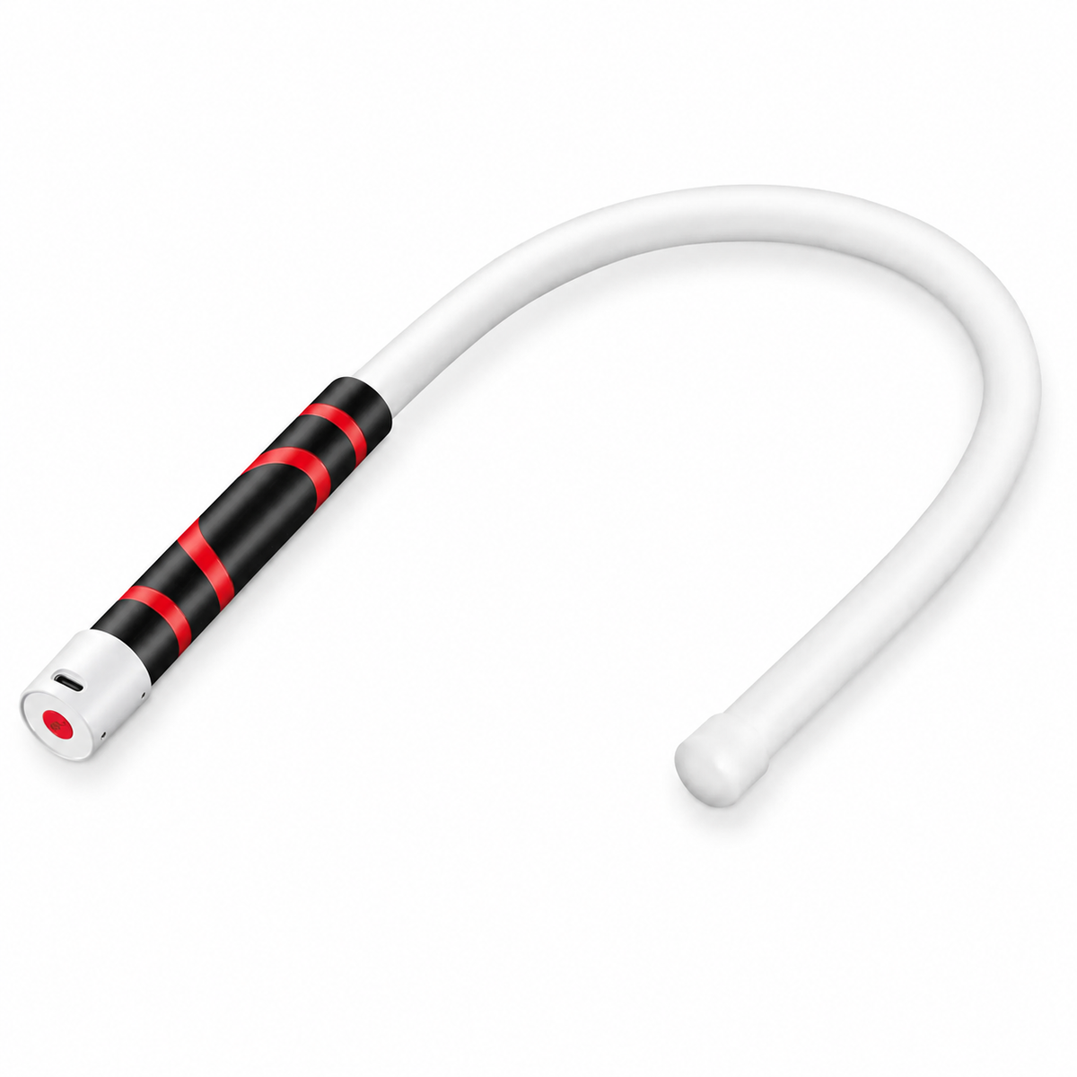 Single flexible LED work light on white, its red-striped black grip leading into a curved white glowing tube