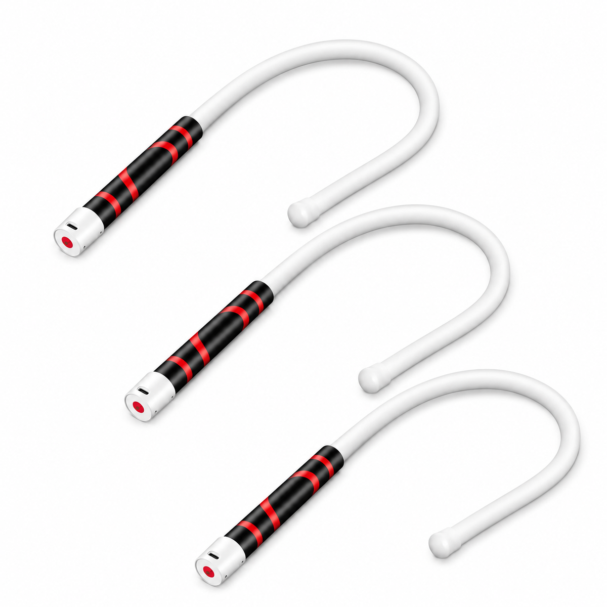 Three flexible LED work lights arranged on a white background, each with a red-striped black grip