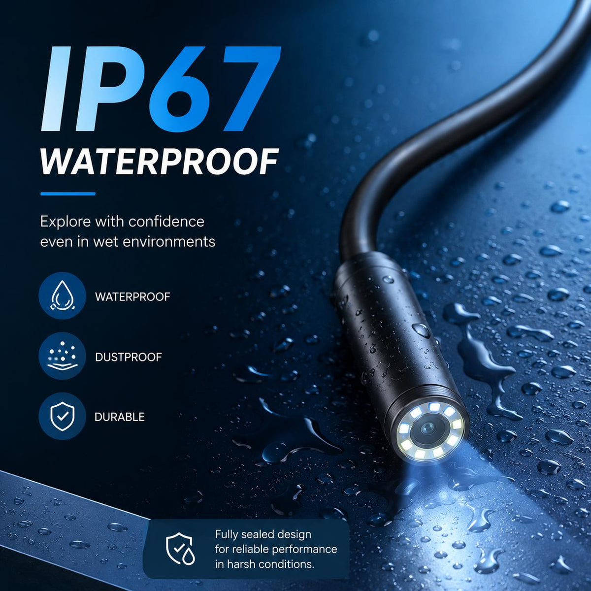The IP67-rated probe head lit up and covered in water droplets, showing the sealed housing