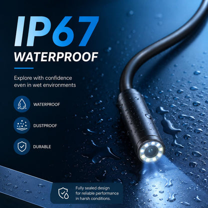 The IP67-rated probe head lit up and covered in water droplets, showing the sealed housing