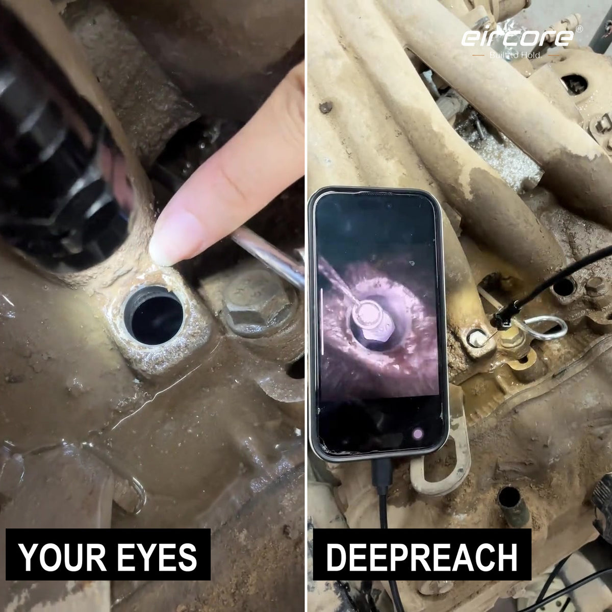 Side by side on the same engine: a pitch-black port you cannot see into, and the same port on the phone screen with the bolt inside clearly lit