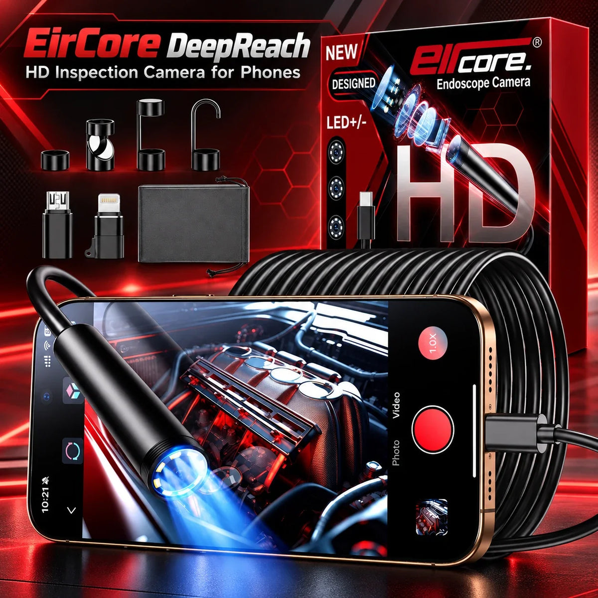 The DeepReach kit with its box: coiled cable, four clip-on tips, Lightning and Micro-USB adapters and a carry pouch, beside a phone showing the lit view inside an engine