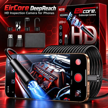 The DeepReach kit with its box: coiled cable, four clip-on tips, Lightning and Micro-USB adapters and a carry pouch, beside a phone showing the lit view inside an engine