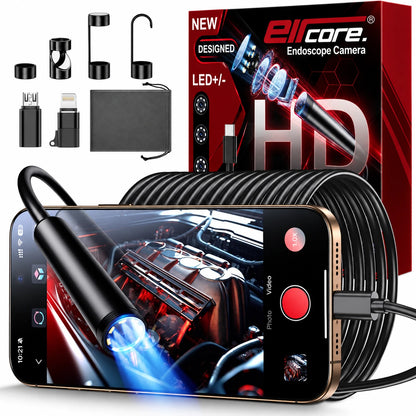 Everything in the box on a white background: the coiled 11.5 ft cable, four clip-on tips, Lightning and Micro-USB adapters, carry pouch and retail box