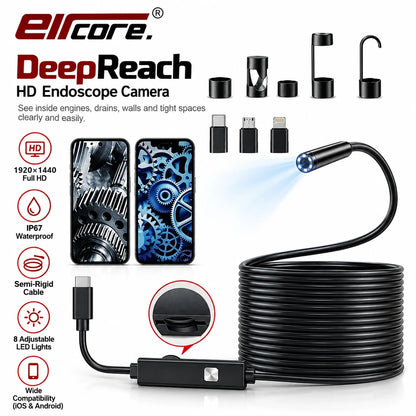 The coiled cable and lit camera head with the three plug adapters and four clip-on tips, labelled 1920x1440, IP67, semi-rigid and 8 adjustable LEDs