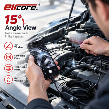 Hands holding a phone over an engine bay with the probe lit inside a tight space, labelled 15 degree tilt view, semi-rigid probe, 1920x1440 and IP67