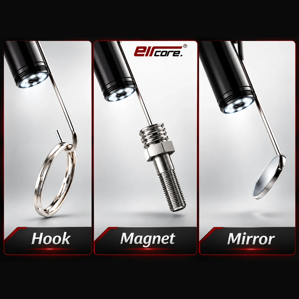 Three clip-on tips shown on the lit camera head: the hook lifting a split ring, the magnet holding a bolt, and the side mirror angled to look sideways