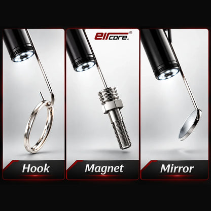 Three clip-on tips shown on the lit camera head: the hook lifting a split ring, the magnet holding a bolt, and the side mirror angled to look sideways