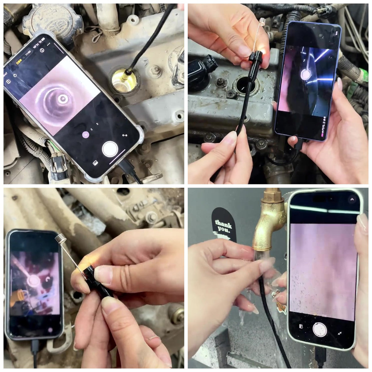 Four real jobs: the probe down an oil filler, into a valve-cover port, the magnet tip beside a pipe run, and inside a running outdoor tap, each with the live view on the phone