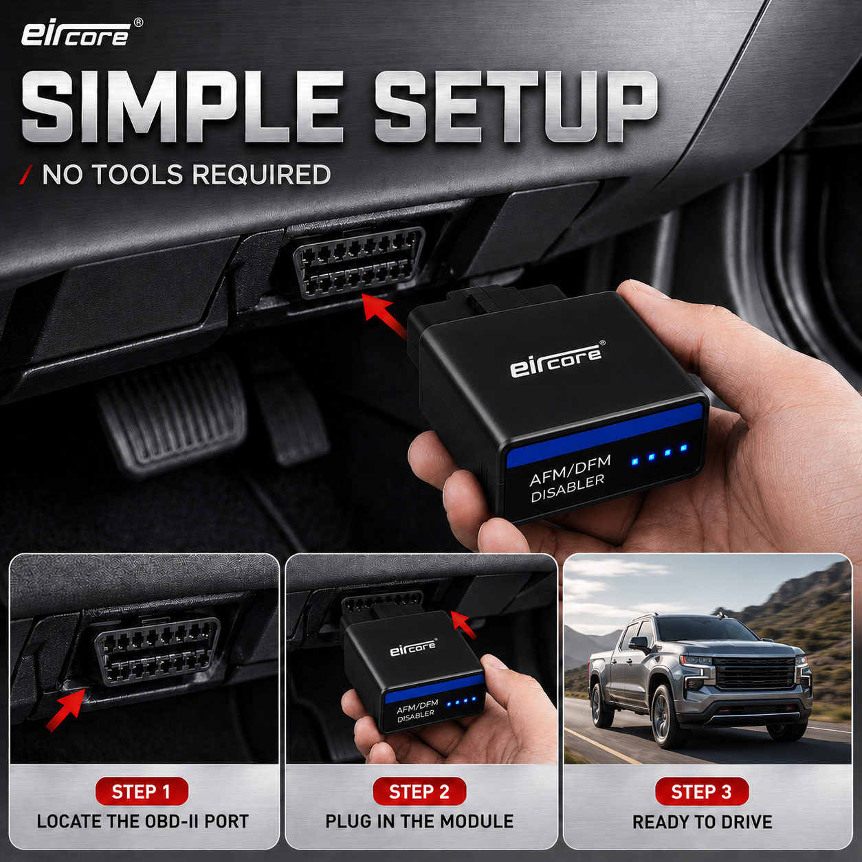 Simple setup, no tools required — locate the OBD-II port, plug in the module, ready to drive your Silverado