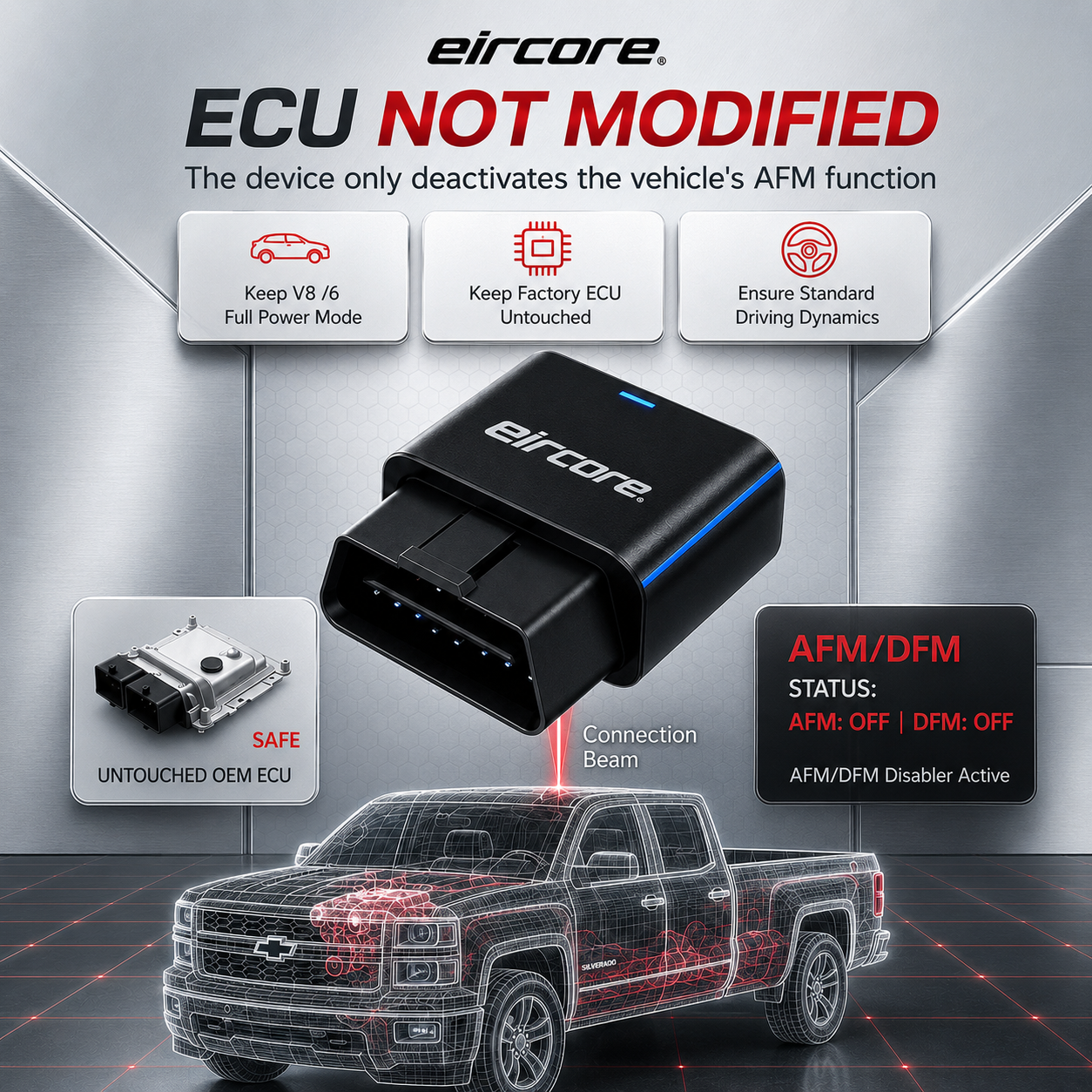 ECU not modified — EirCore AFM/DFM Disabler on a Chevy Silverado keeps factory ECU untouched, AFM and DFM off