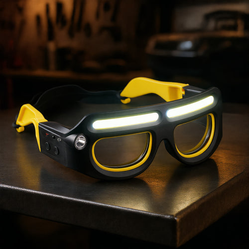 EirCore hands-free LED headlight glasses with both light bars on, on a garage workbench