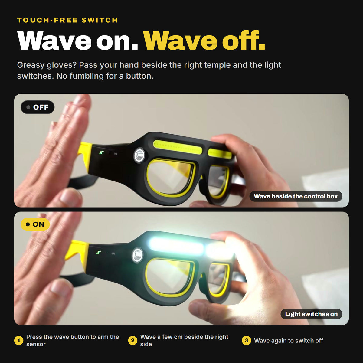 Wave on, wave off: pass your hand beside the right temple to switch the light