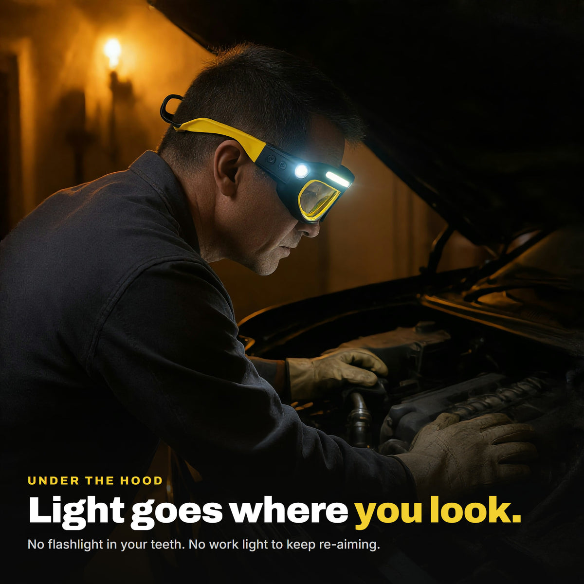 Man working in an engine bay wearing the LED headlight glasses