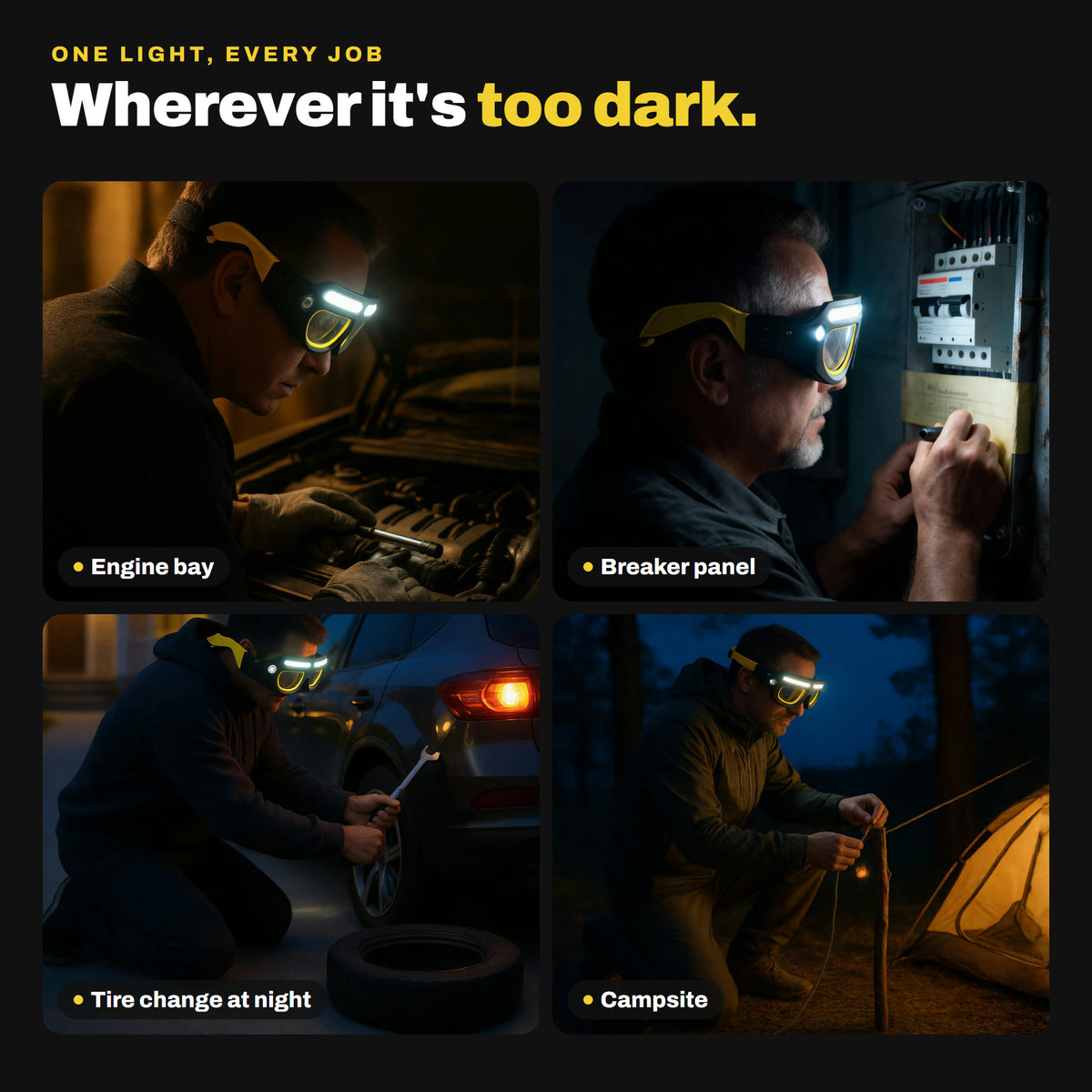 Use cases: engine bay, breaker panel, tire change at night, campsite