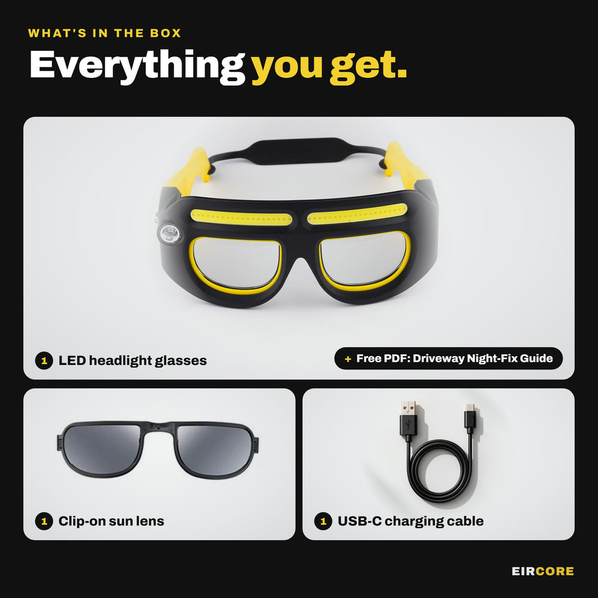 What's in the box: LED glasses, clip-on sun lens, USB-C cable