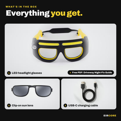 What's in the box: LED glasses, clip-on sun lens, USB-C cable