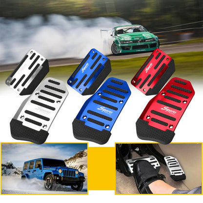 Non-slip sports pedal covers in red, blue and silver