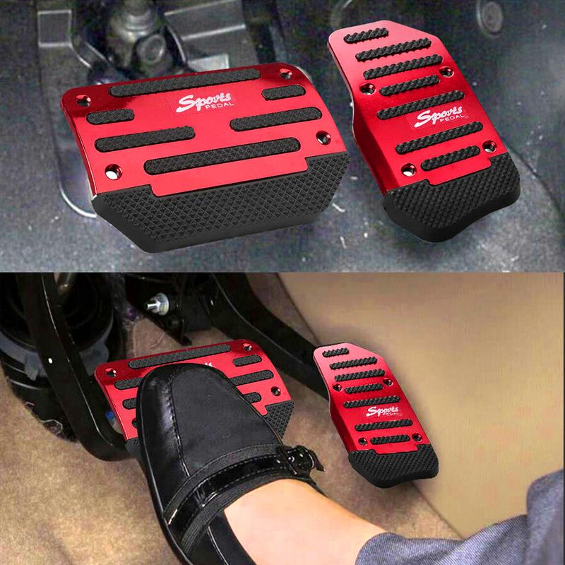 Red pedal covers installed on car pedals