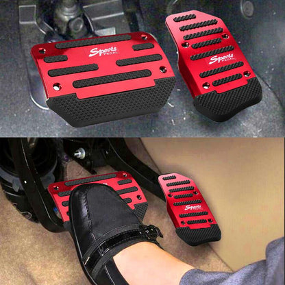 Red pedal covers installed on car pedals